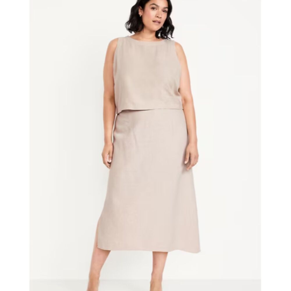 NEW Old Navy Linen Blend Midi Skirt 3X Beige Neutral Elastic Waist Side Zip